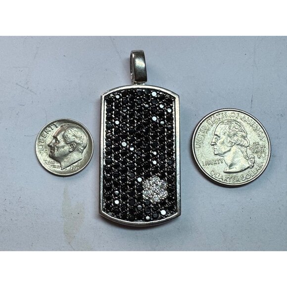 Estate Sterling Silver 925 Dog Tag Pendant Black & White Crystals 13.7g SJ Mark - Picture 6 of 8